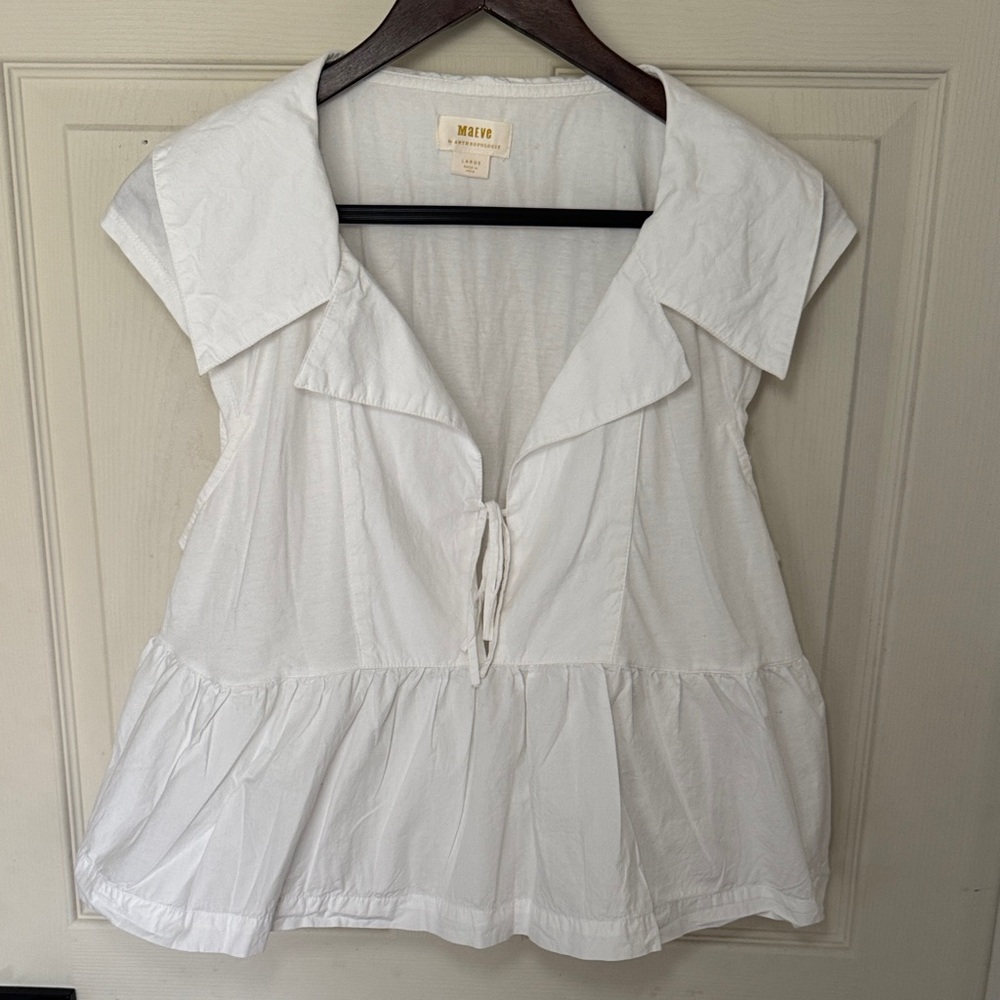 Maeve by Anthropologie White Peplum Tie-Front Cap Sleeve Blouse